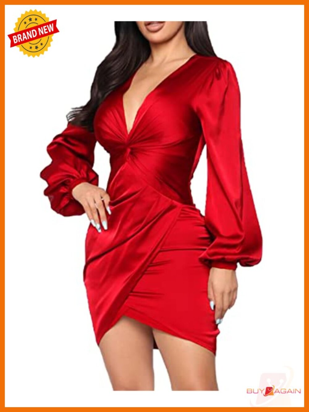 Women's Twist Front Ruched Bodycon Midi Dress Long Sleeve V-Neck Formal